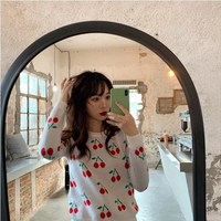 Kawaii Cartoon Cherry Print Knitted Sweater Top - Thumbnail 4