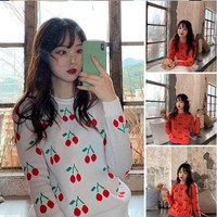 Kawaii Cartoon Cherry Print Knitted Sweater Top - Thumbnail 5