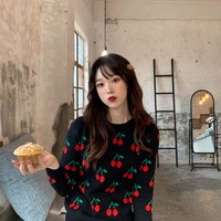 Kawaii Cartoon Cherry Print Knitted Sweater Top - Thumbnail 1