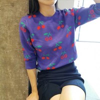Kawaii Cartoon Cherry Print Knitted Sweater Top - Thumbnail 8