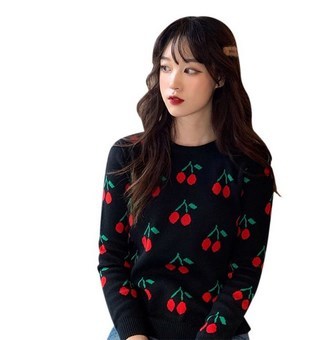 Kawaii Cartoon Cherry Print Knitted Sweater Top