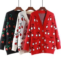 Cute V Neck Cherry Print Knitted Cardigan Sweater - Thumbnail 4