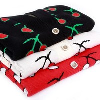 Cute V Neck Cherry Print Knitted Cardigan Sweater - Thumbnail 5