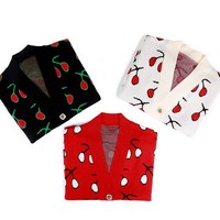 Cute V Neck Cherry Print Knitted Cardigan Sweater - Thumbnail 6