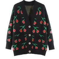 Cute V Neck Cherry Print Knitted Cardigan Sweater - Thumbnail 3