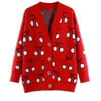 Cute V Neck Cherry Print Knitted Cardigan Sweater - Thumbnail 7