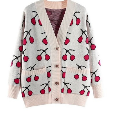 Cute v neck cherry print knitted cardigan sweater