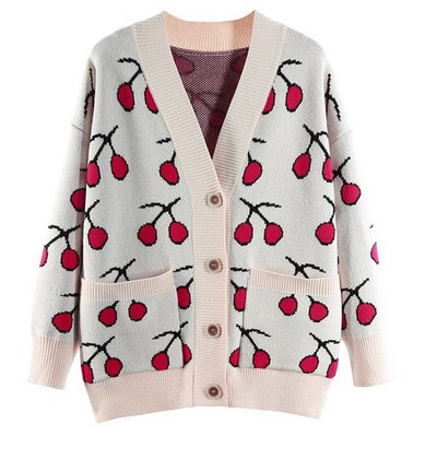 Cute V Neck Cherry Print Knitted Cardigan Sweater