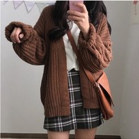 Casual Cozy Brown Knitted Cardigan - Thumbnail 3