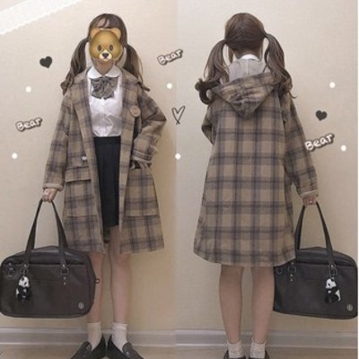 Kawaii plaid preppy style woolen long coat