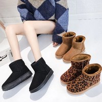 Leopard Print Black and Brown Winter Warm Ankle Boots For Women - Thumbnail 1