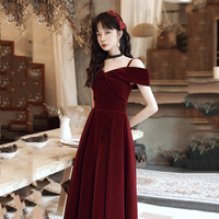 Cute A line velvet prom dress burgundy evening dress - Thumbnail 1