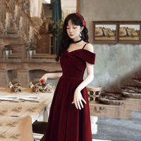 Cute A line velvet prom dress burgundy evening dress - Thumbnail 2
