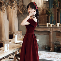Cute A line velvet prom dress burgundy evening dress - Thumbnail 3
