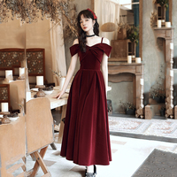 Cute A line velvet prom dress burgundy evening dress - Thumbnail 4