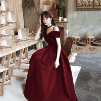 Cute A line velvet prom dress burgundy evening dress - Thumbnail 5