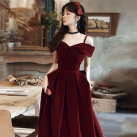 Cute A line velvet prom dress burgundy evening dress - Thumbnail 6