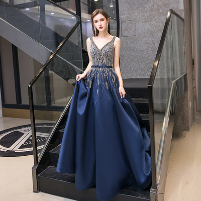 High quality v neck beads long prom dress blue evening dress - Thumbnail 4