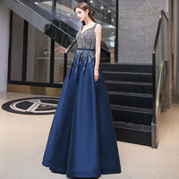 High quality v neck beads long prom dress blue evening dress - Thumbnail 1