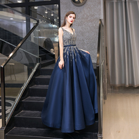 High quality v neck beads long prom dress blue evening dress - Thumbnail 2