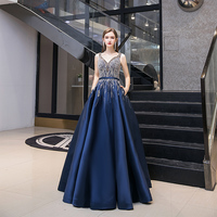 High quality v neck beads long prom dress blue evening dress - Thumbnail 4