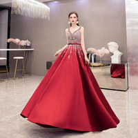 High quality v neck beads long prom dress red evening dress - Thumbnail 1