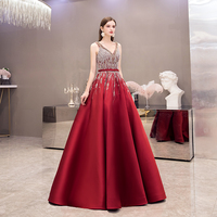 High quality v neck beads long prom dress red evening dress - Thumbnail 4