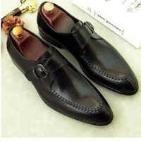 Men's new Handmade Black Formal Dress Single Monk Strap Leather Goodyear Welted, - Thumbnail 1
