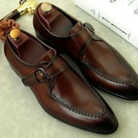 Men's new Handmade Brown Formal Dress Single Monk Strap Leather Goodyear Welted, - Thumbnail 4
