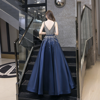 High quality v neck beads long prom dress blue evening dress - Thumbnail 5
