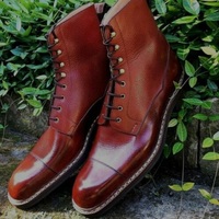 New Men Handmade Leather burnished Cap Toe Ankle High lace Up Boots - Thumbnail 4