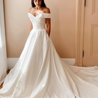 A-line Satin Long Train Bridal Gown Off-the-shoulder - Thumbnail 1