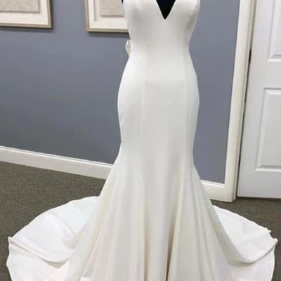 Elegant mermaid v neck open back white soft satin wedding dresses - Thumbnail 5
