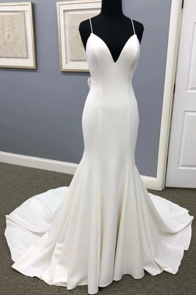 Elegant Mermaid V Neck Open Back White Soft Satin Wedding Dresses