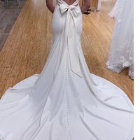 Elegant Mermaid V Neck Open Back White Soft Satin Wedding Dresses - Thumbnail 2