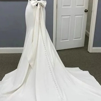 Elegant Mermaid V Neck Open Back White Soft Satin Wedding Dresses - Thumbnail 1