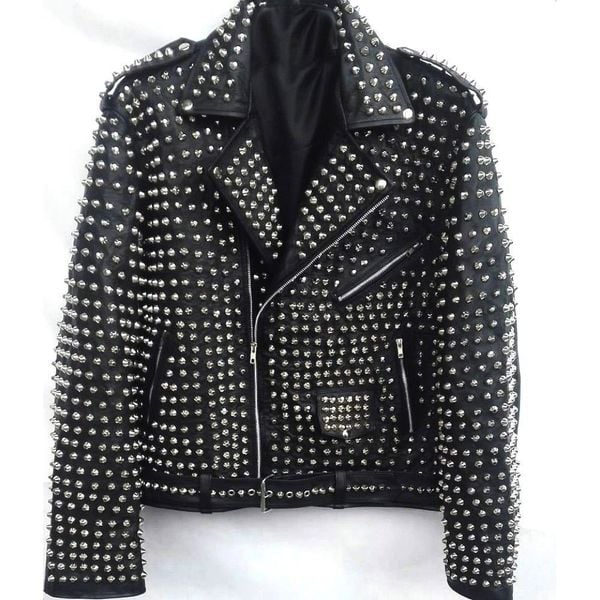 Full Silver Studded Leather Jacket Genuine Belted Biker Coat Zipper Pocket Men's