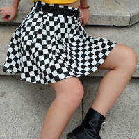 Cute Sexy Checkered Pleated Black White Sash High Waisted Skater Skirt E-Girl Kawaii Korean Japanese Harajuku Streetwear - Thumbnail 2
