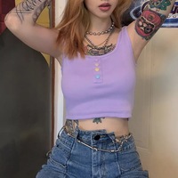 Cute Pastel Purple Heart Button Ribbed Knit Crop Top Causal Tank Top Casual Camisole T-shirt Tee E-Girl Kawaii Korean Japanese Harajuku Streetwear - Thumbnail 4