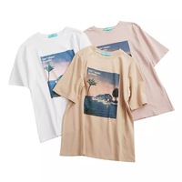 Cute Vintage Pastel Summer Beach Art Print Short Sleeve Tee Shirt T-shirt Top Oversized Loose Causal E-Girl Kawaii Korean Japanese Harajuku Streetwear - Thumbnail 3