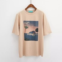 Cute Vintage Pastel Summer Beach Art Print Short Sleeve Tee Shirt T-shirt Top Oversized Loose Causal E-Girl Kawaii Korean Japanese Harajuku Streetwear - Thumbnail 4