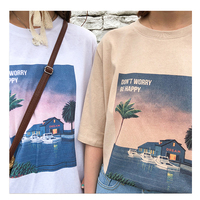 Cute Vintage Pastel Summer Beach Art Print Short Sleeve Tee Shirt T-shirt Top Oversized Loose Causal E-Girl Kawaii Korean Japanese Harajuku Streetwear - Thumbnail 6