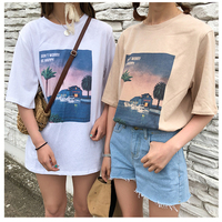 Cute Vintage Pastel Summer Beach Art Print Short Sleeve Tee Shirt T-shirt Top Oversized Loose Causal E-Girl Kawaii Korean Japanese Harajuku Streetwear - Thumbnail 7