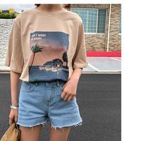 Cute Vintage Pastel Summer Beach Art Print Short Sleeve Tee Shirt T-shirt Top Oversized Loose Causal E-Girl Kawaii Korean Japanese Harajuku Streetwear - Thumbnail 8