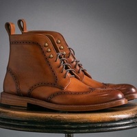 Men's Handmade Ankle High Tan Wing Tip Brogue Leather Lace Up Boot - Thumbnail 4