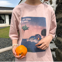 Cute Vintage Pastel Summer Beach Art Print Short Sleeve Tee Shirt T-shirt Top Oversized Loose Causal E-Girl Kawaii Korean Japanese Harajuku Streetwear - Thumbnail 9