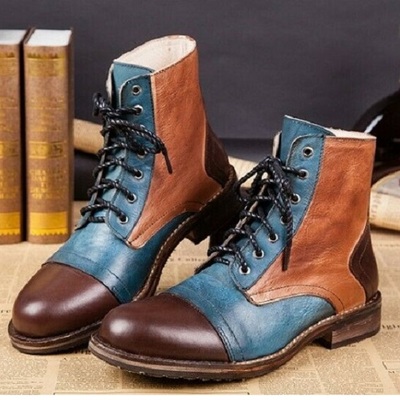 Handmade men's tan brown blue boot dress leather cap toe lace up ankle high boot