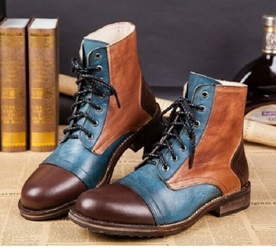 Handmade Men's Tan Brown Blue Boot Dress Leather Cap Toe Lace Up Ankle High Boot