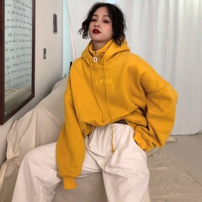 Cute Yellow Chill Letter Embroidery Causal Oversized Hoodie Sweater Sweatshirt Long Sleeve Pullover E-Girl Kawaii Korean Japanese Harajuku Streetwear