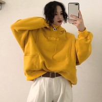 Cute Yellow Chill Letter Embroidery Causal Oversized Hoodie Sweater Sweatshirt Long Sleeve Pullover E-Girl Kawaii Korean Japanese Harajuku Streetwear - Thumbnail 1